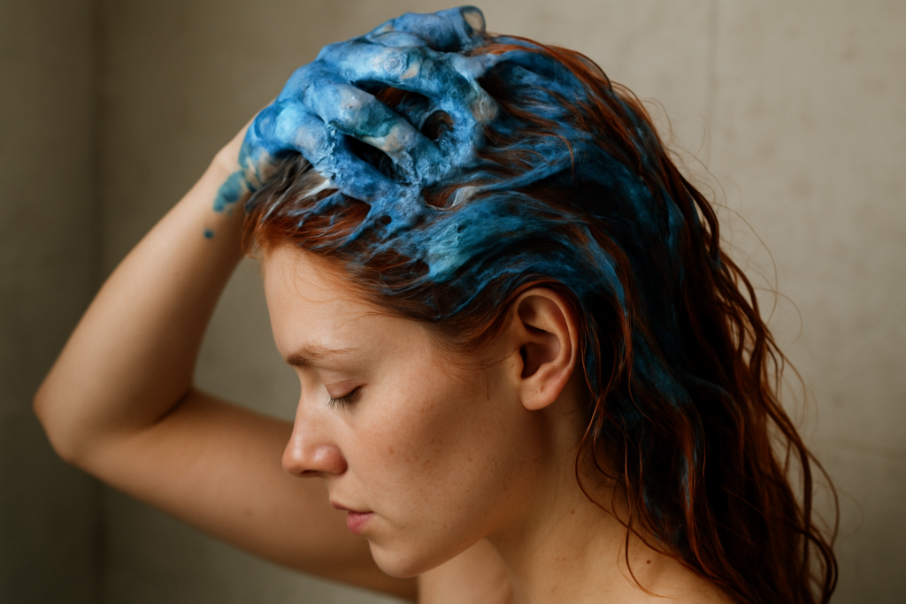 Shampoing bleu pour cheveux roux : neutraliser les reflets cuivrés et orangés