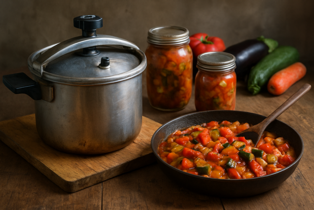 Temps de stérilisation de la ratatouille cuite : 25 minutes à la cocotte-minute pour des bocaux maison